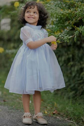 Powder blue
 organza embroidered flared frill frock for girls