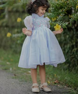 Powder blue organza embroidered flared frill frock for girls 2
