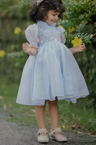 Powder blue organza embroidered flared frill frock for girls