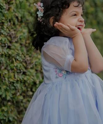 Powder blue organza embroidered flared frill frock for girls 3