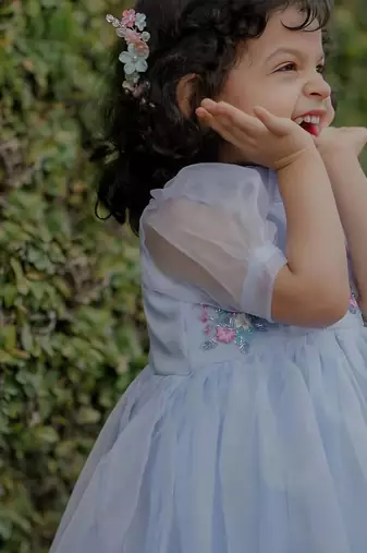 Powder blue organza embroidered flared frill frock for girls