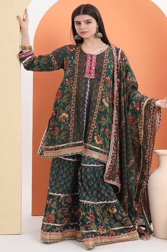 Green cotton printed  sharara set