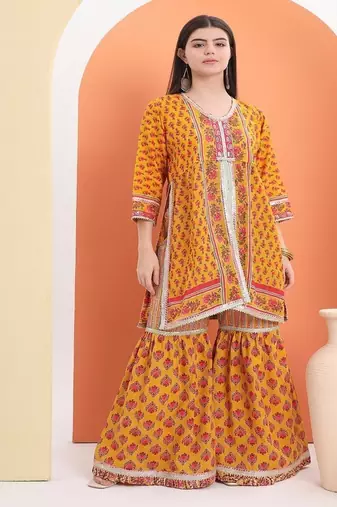 Yellow  cotton printed  sharara set