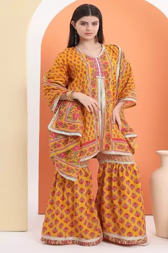 Yellow  cotton printed  sharara set