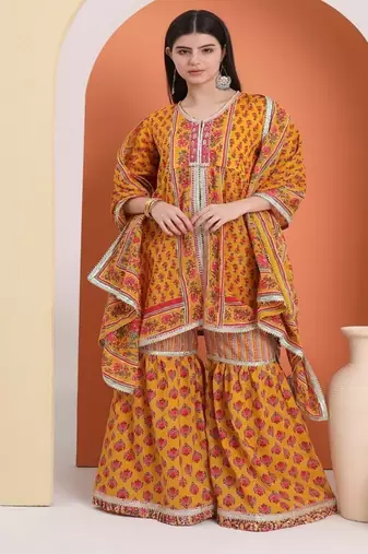 Yellow  cotton printed  sharara set