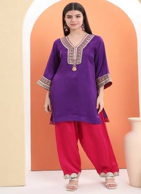 Purple cotton embroidered  kurta set 1