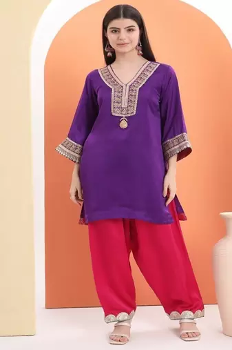 Purple cotton embroidered  kurta set
