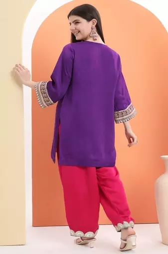 Purple cotton embroidered  kurta set