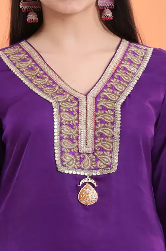 Purple cotton embroidered  kurta set
