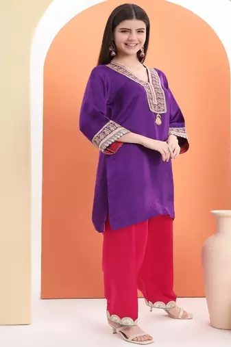 Purple cotton embroidered  kurta set