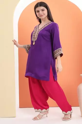 Purple cotton embroidered  kurta set