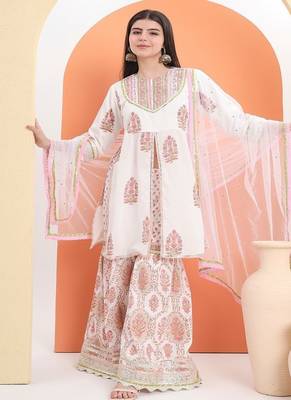 White cotton printed  sharara set 1