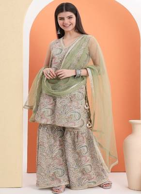 Green cotton embroidered  sharara set 1