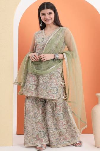 Green cotton embroidered  sharara set