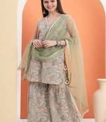 Green cotton embroidered  sharara set