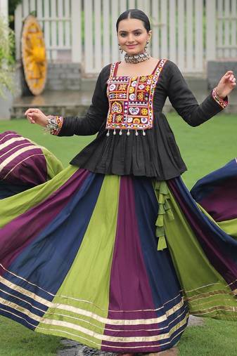 Black Kutchi Work Peplum Top With Rayon Anarkali Multi Flared Lehenga