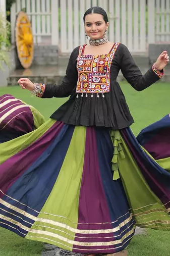 Black Kutchi Work Peplum Top With Rayon Anarkali Multi Flared Lehenga