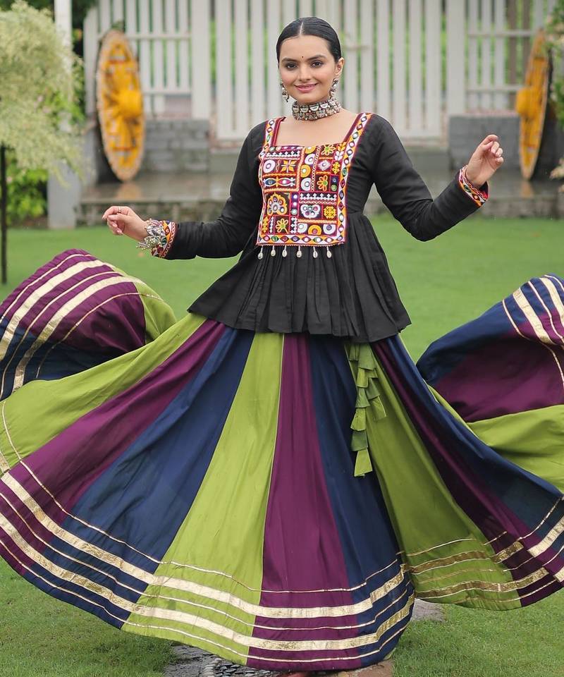 Black Kutchi Work Peplum Top With Rayon Anarkali Multi Flared Lehenga