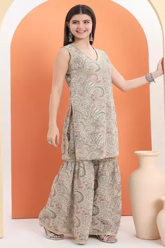 Green cotton embroidered  sharara set
