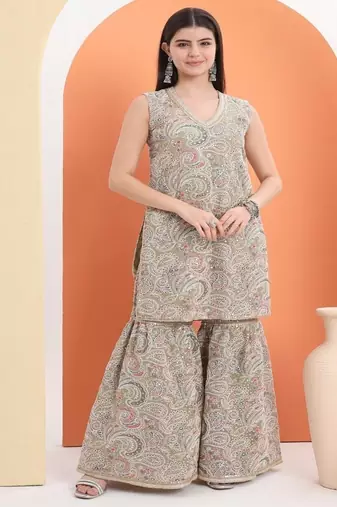 Green cotton embroidered  sharara set