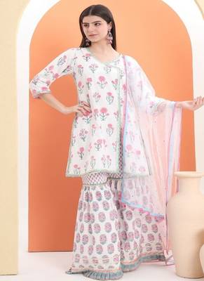 White cotton printed  sharara set 1