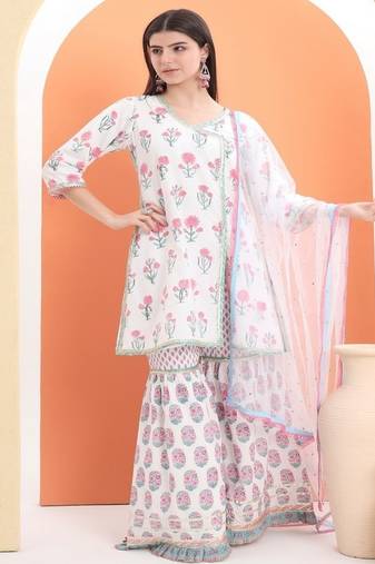 White cotton printed  sharara set