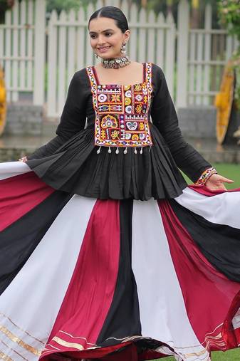 Black Kutchi Work Peplum Top With Rayon Anarkali Multi Flared Lehenga