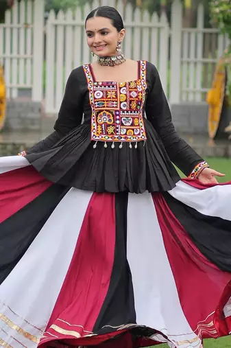 Black Kutchi Work Peplum Top With Rayon Anarkali Multi Flared Lehenga