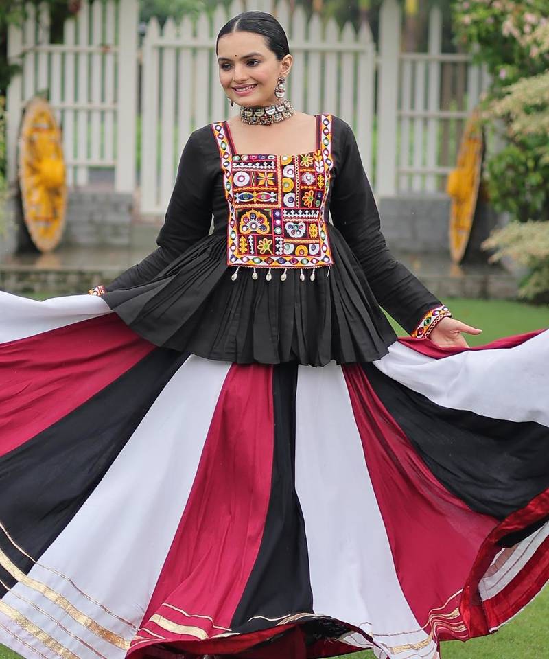 Black Kutchi Work Peplum Top With Rayon Anarkali Multi Flared Lehenga