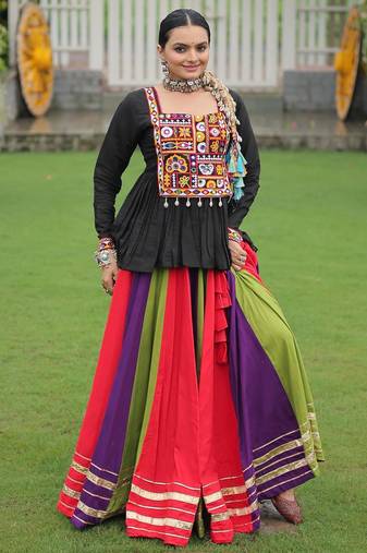 Black Kutchi Work Peplum Top With Rayon Anarkali Multi Flared Lehenga