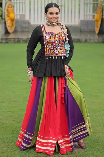 Black Kutchi Work Peplum Top With Rayon Anarkali Multi Flared Lehenga