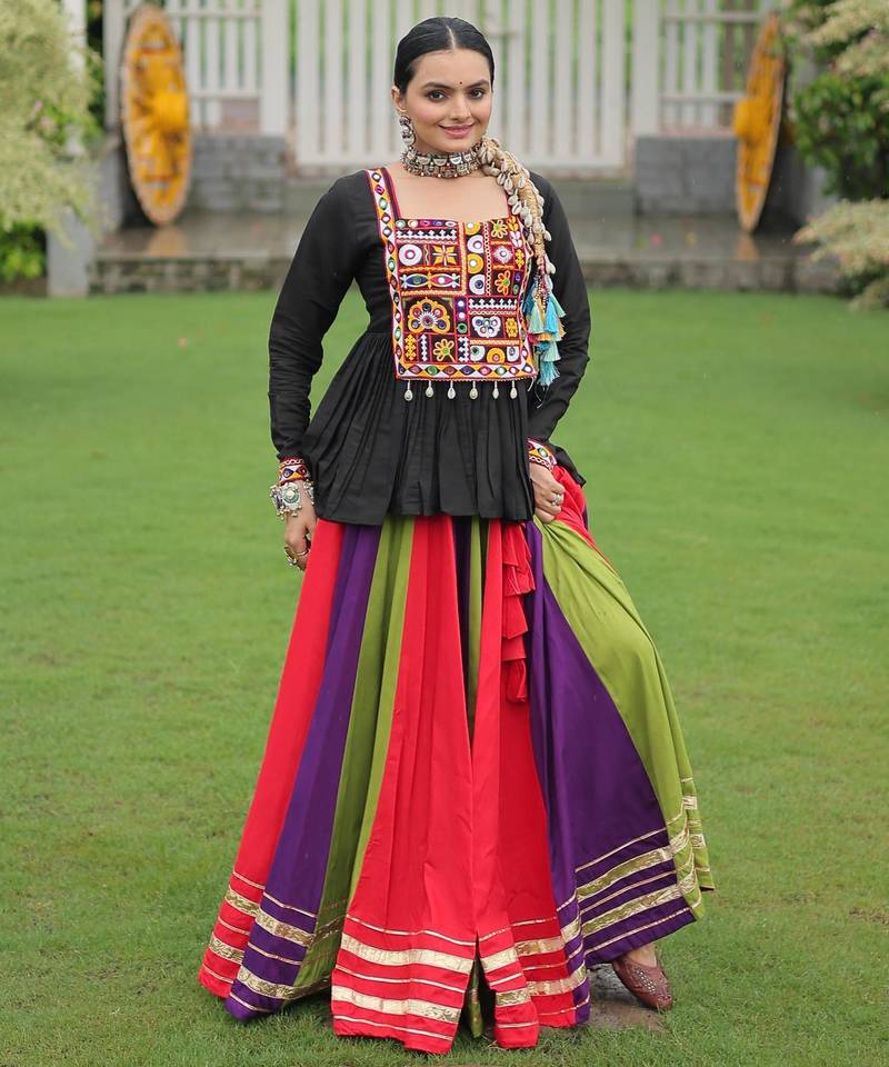 Black Kutchi Work Peplum Top With Rayon Anarkali Multi Flared Lehenga