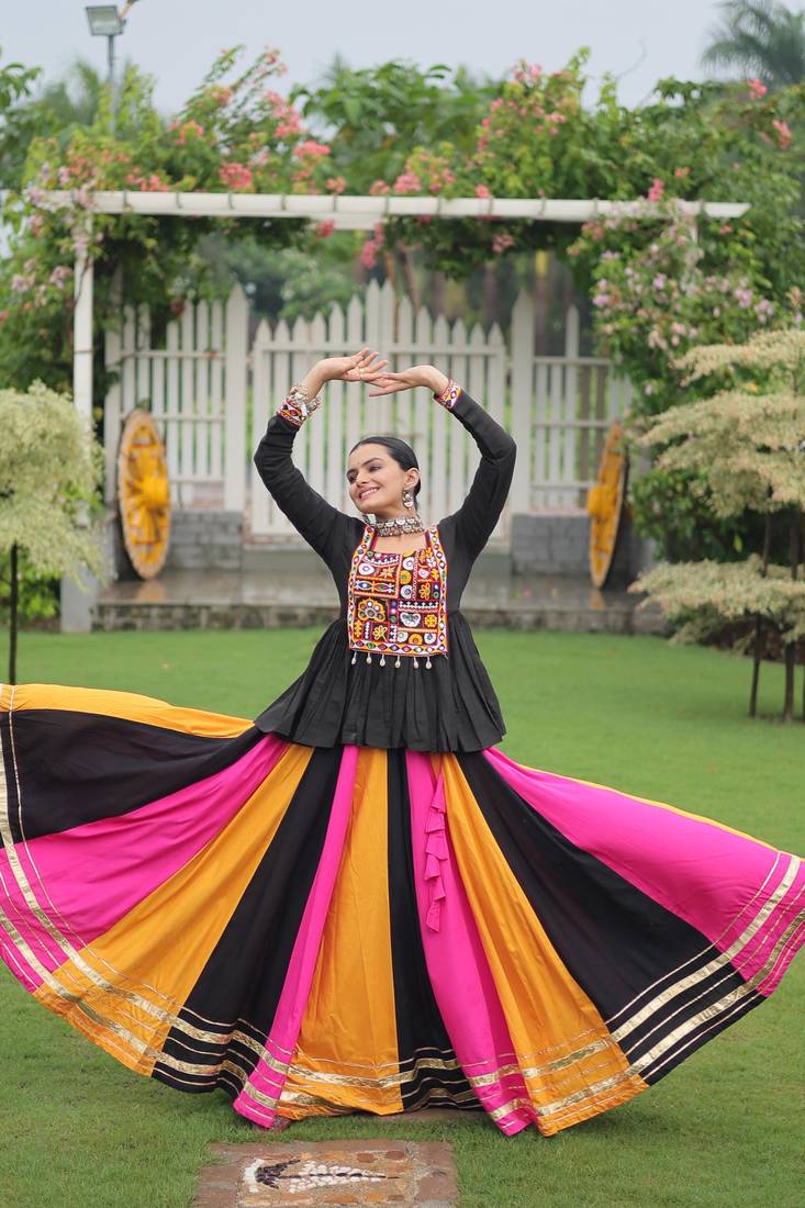 Black Kutchi Work Peplum Top With Rayon Anarkali Multi Flared Lehenga