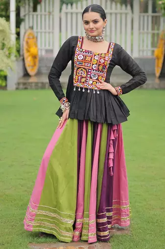 Black Kutchi Work Peplum Top With Rayon Anarkali Multi Flared Lehenga