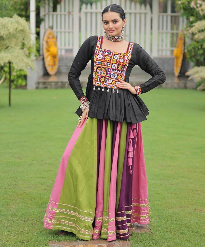 Black Kutchi Work Peplum Top With Rayon Anarkali Multi Flared Lehenga