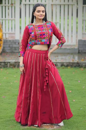 Maroon Roman Kutchi Work Peplum Top With Anarkali Flared Lehenga