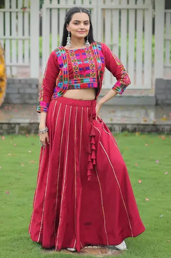 Maroon Roman Kutchi Work Peplum Top With Anarkali Flared Lehenga