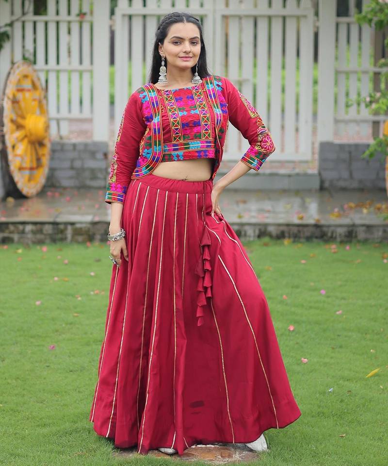 Maroon Roman Kutchi Work Peplum Top With Anarkali Flared Lehenga