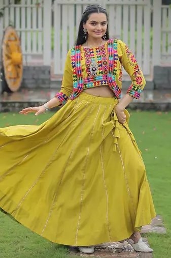 Paroot Roman Kutchi Work Peplum Top With Anarkali Flared Lehenga