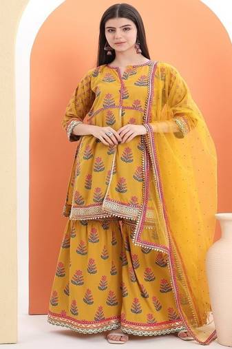 Yellow  cotton printed  sharara set