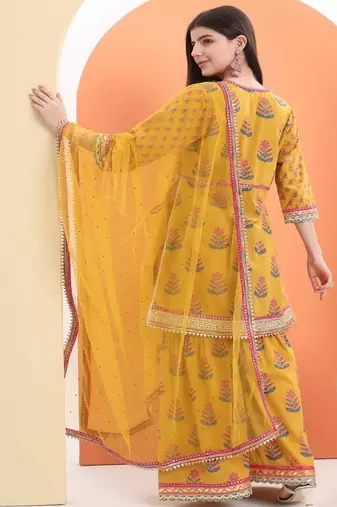 Yellow  cotton printed  sharara set
