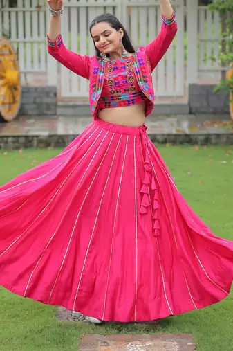 Pink Roman Kutchi Work Peplum Top With Anarkali Flared Lehenga