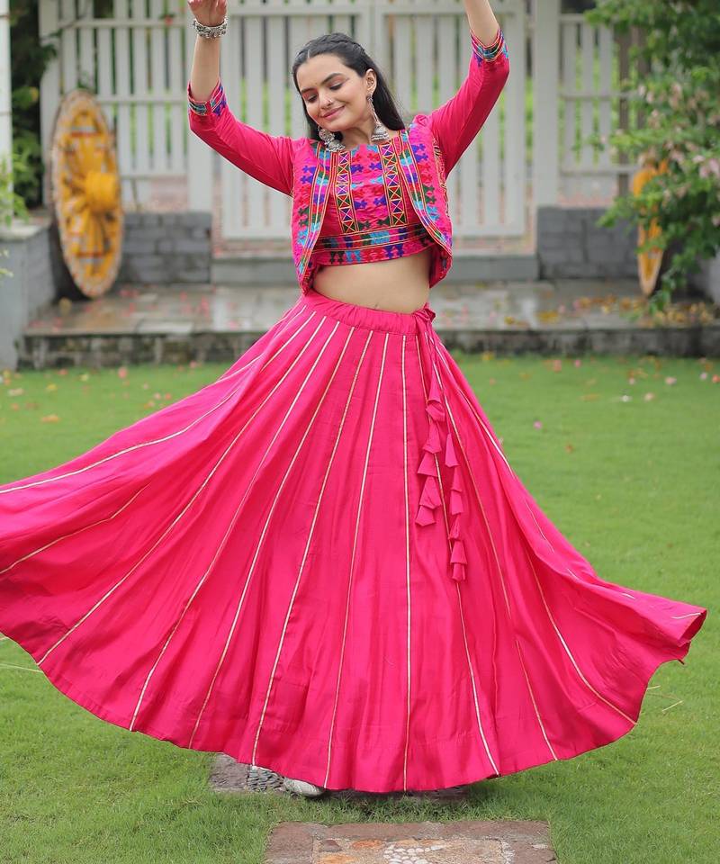 Pink Roman Kutchi Work Peplum Top With Anarkali Flared Lehenga
