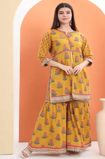 Yellow  cotton printed  sharara set