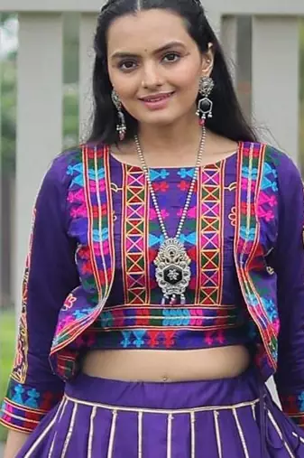 Purple Roman Kutchi Work Peplum Top With Anarkali Flared Lehenga
