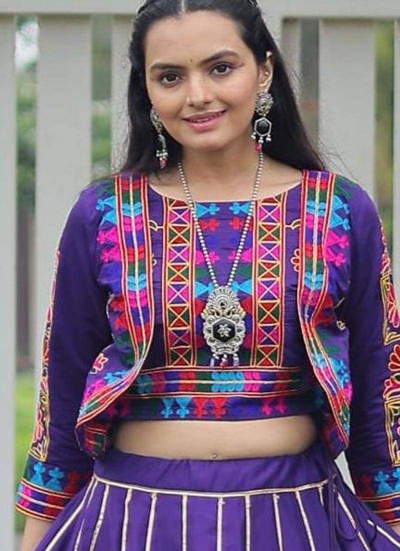 Purple Roman Kutchi Work Peplum Top With Anarkali Flared Lehenga