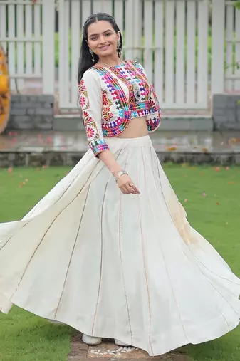Off White Roman Kutchi Work Peplum Top With Anarkali Flared Lehenga
