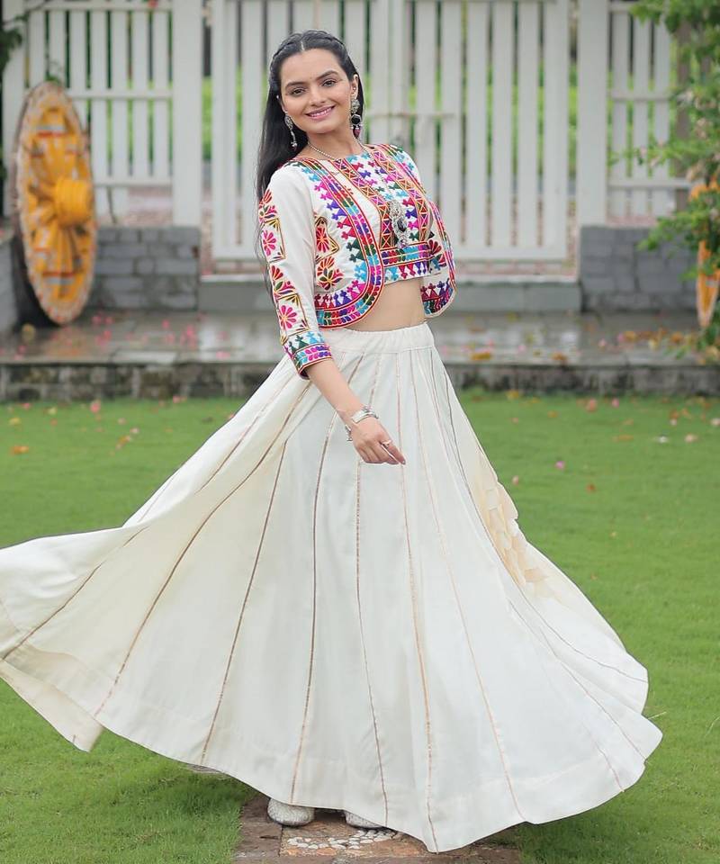 Off White Roman Kutchi Work Peplum Top With Anarkali Flared Lehenga