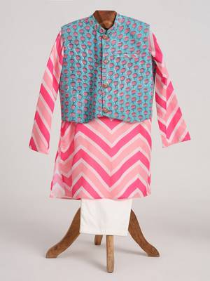 Pink  cotton plain  kurta jacket set 1