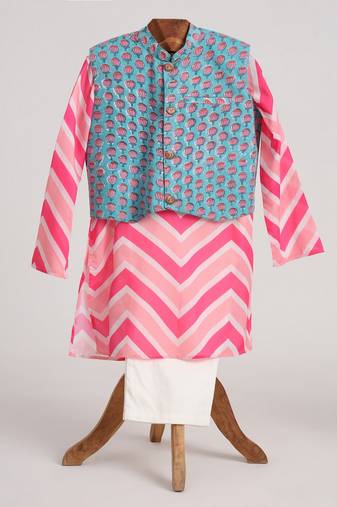 Pink  cotton plain  kurta jacket set